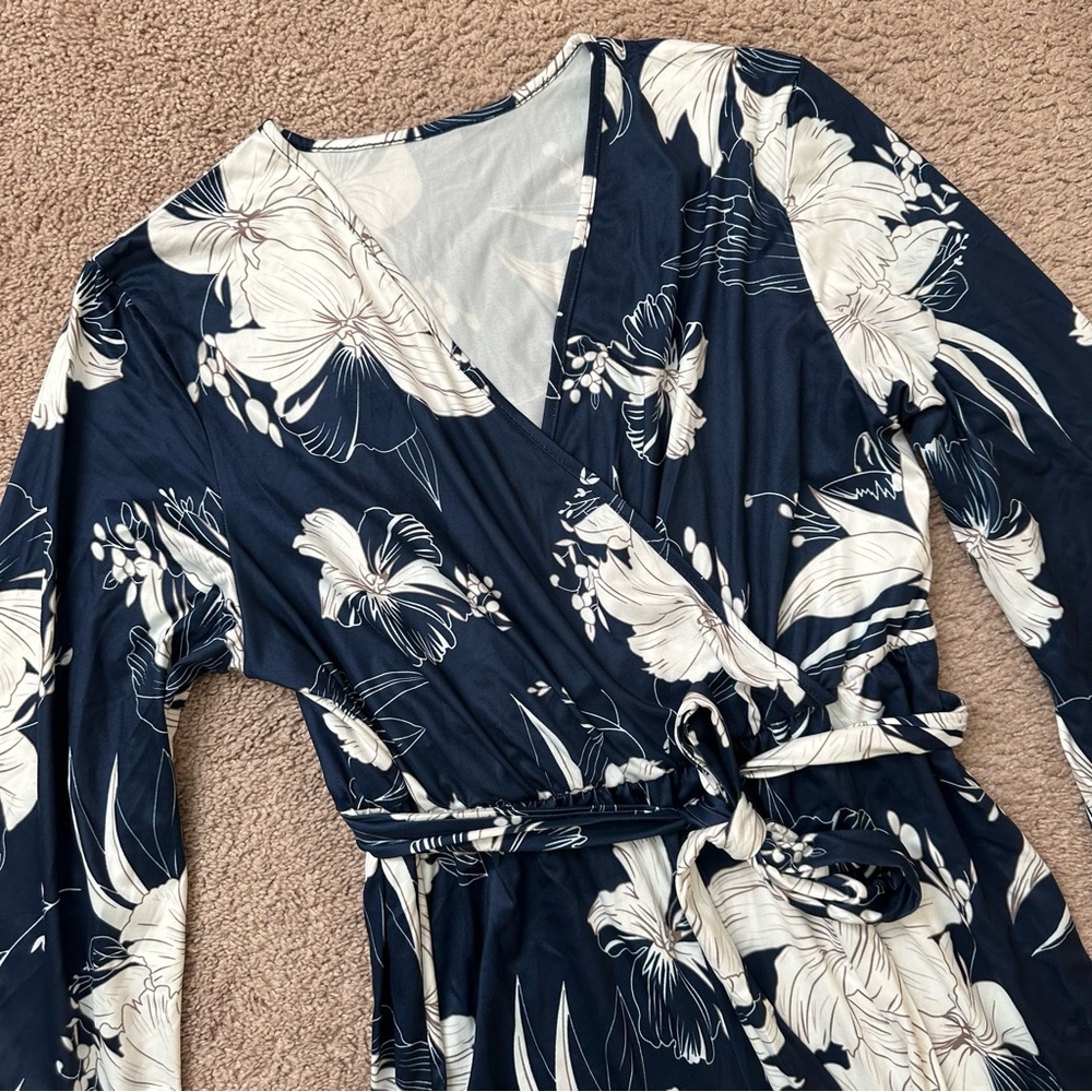 Blue floral V-neck wide leg jumpsuit